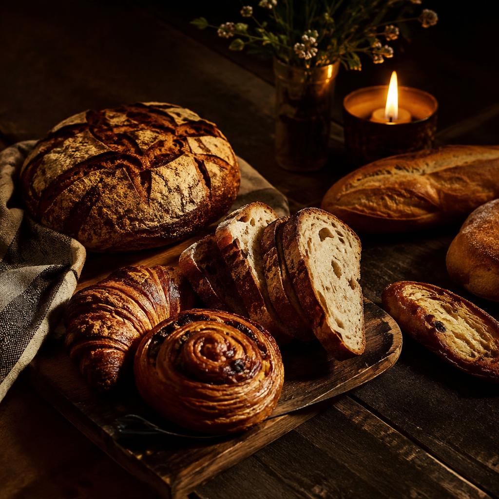 Artisan breads and pastries on dark wood