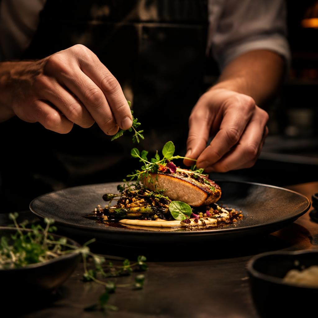 Chef plating a gourmet dish with fresh herbs