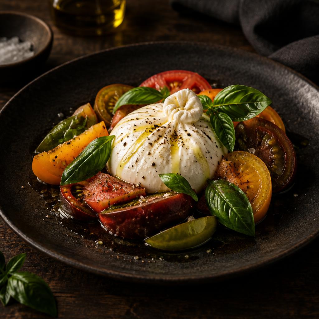 Burrata with heirloom tomatoes and olive oil