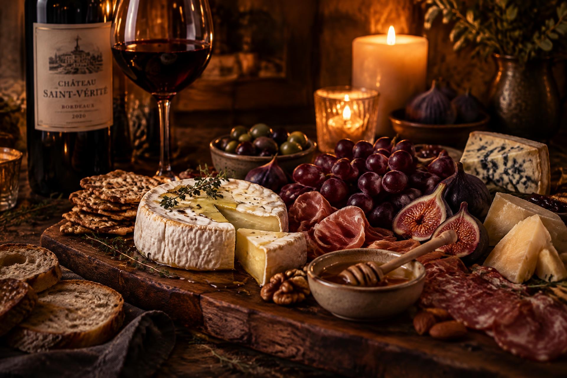 Gourmet cheese and charcuterie spread by candlelight