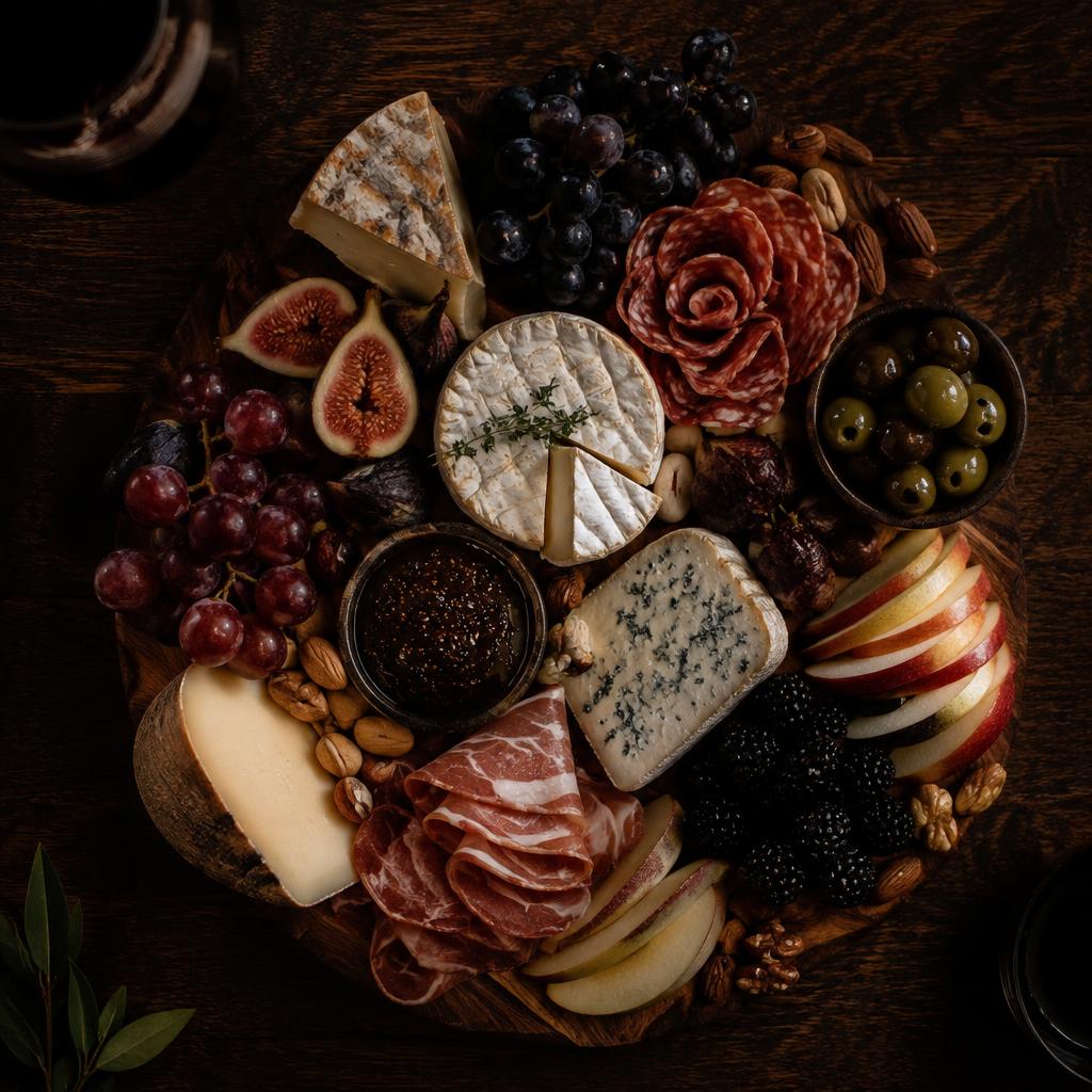 Gourmet board with cheeses, cured meats and fruit